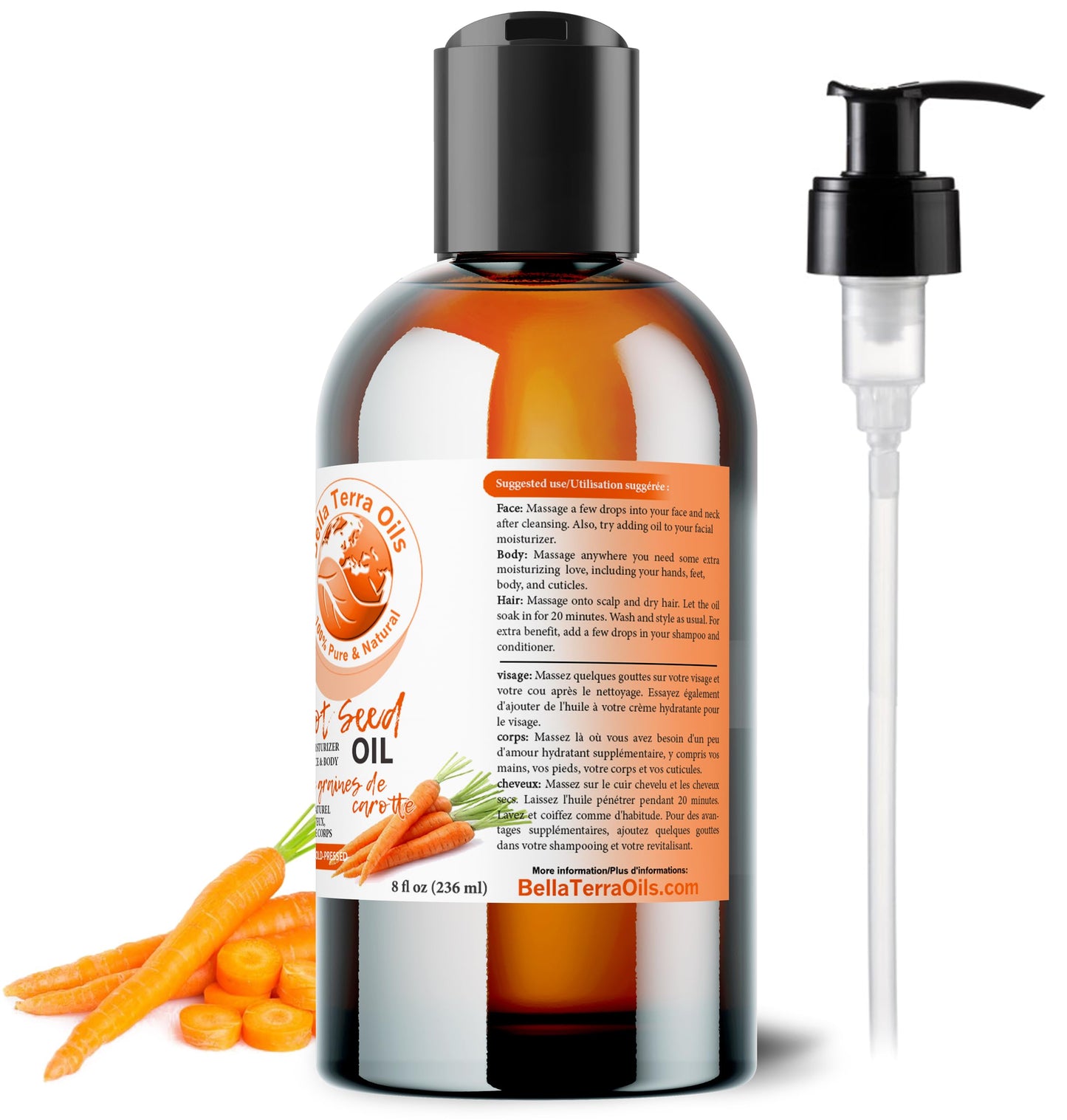 Bella Terra Oils - Organic Carrot Seed Oil 8 oz - Unveiling Organic Carrot's Enzymes & Nutritional Benefits, A Cold-Pressed Delight for a Natural Skin Glow