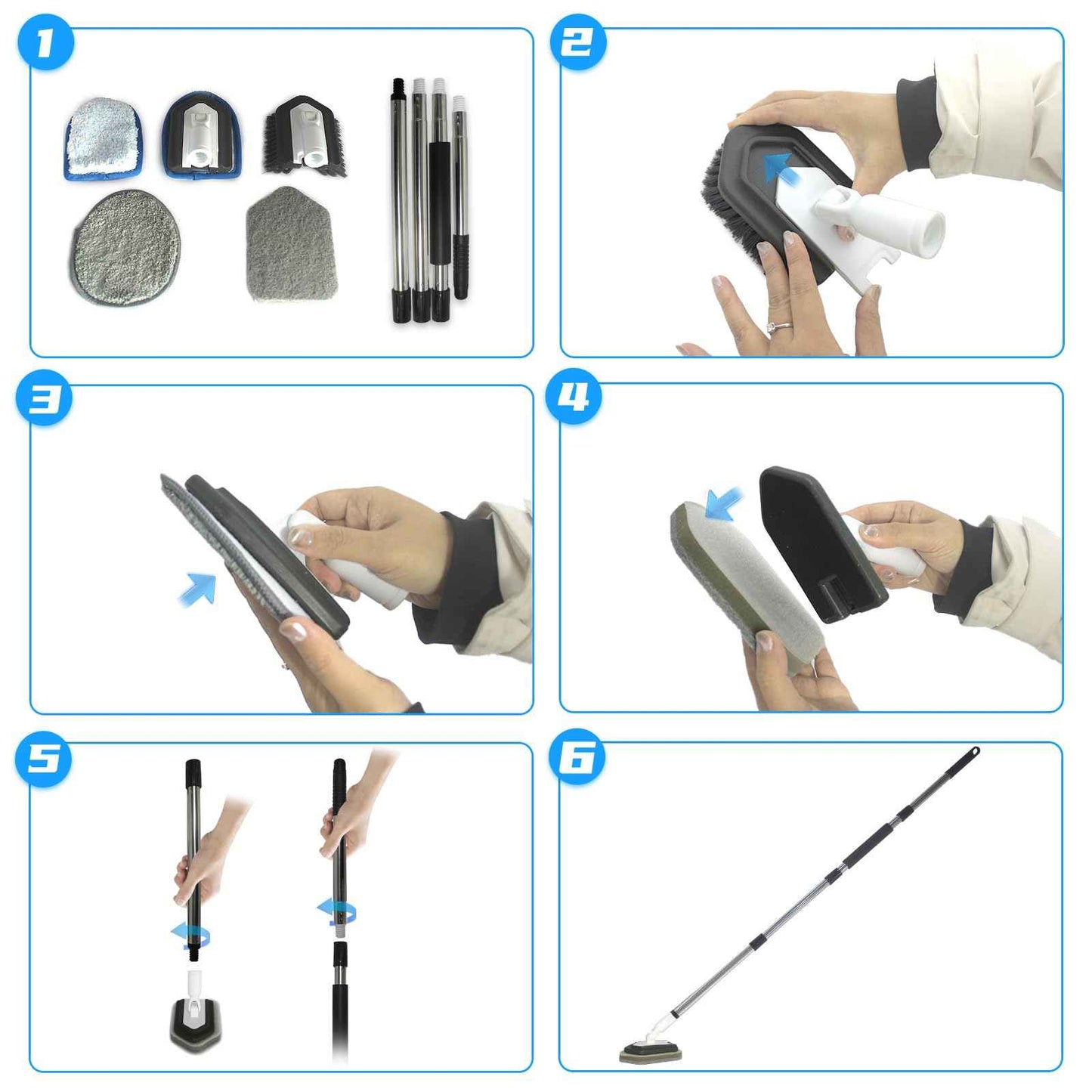 FRAXIR Floor Scrub Brush, 5 in 1 Tile Tub Scrubber with 56" Adjustable Long Handle and 5 No Scratch Scrubber Heads for Bathroom, Kitchen, Toilet, Bathtub