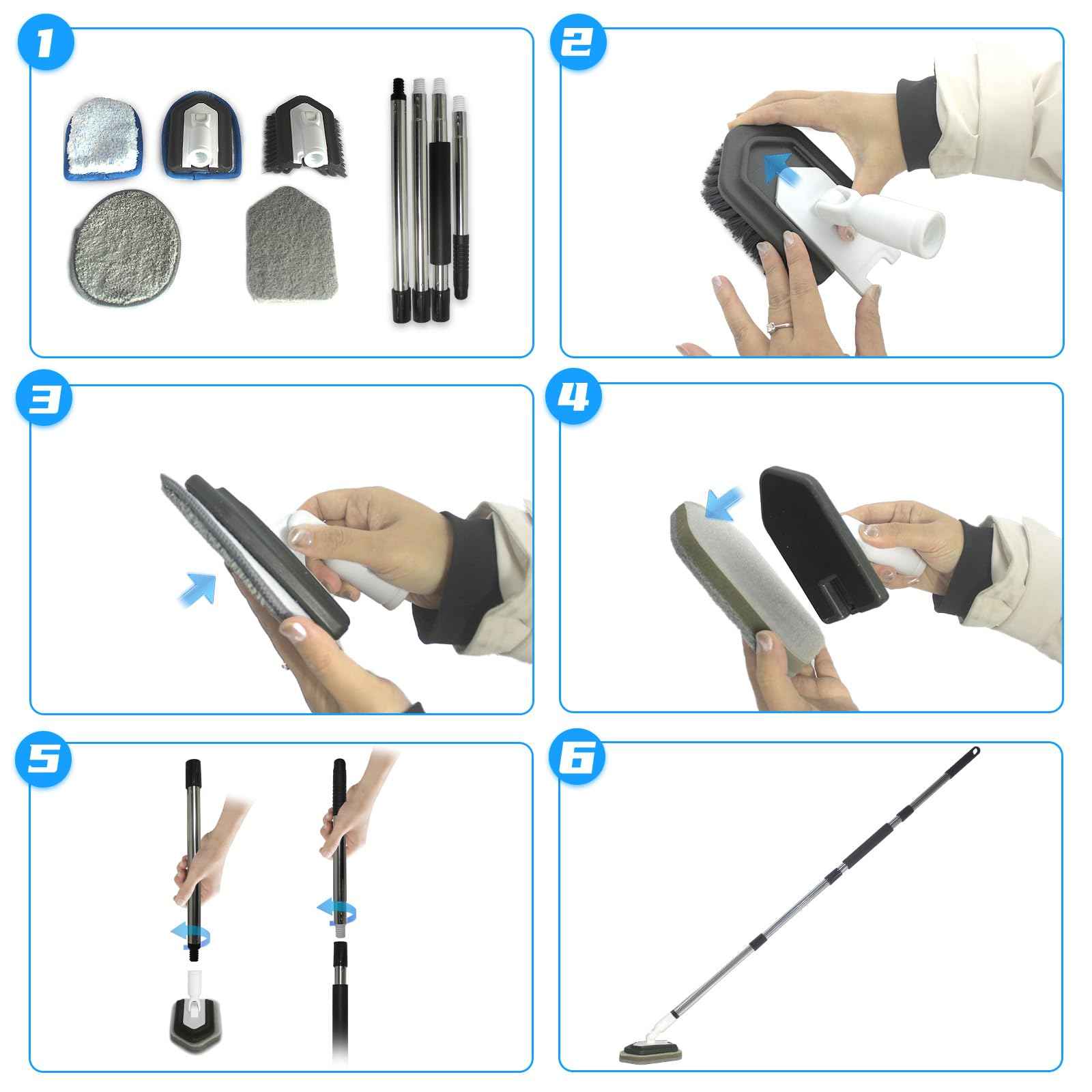 FRAXIR Floor Scrub Brush, 5 in 1 Tile Tub Scrubber with 56" Adjustable Long Handle and 5 No Scratch Scrubber Heads for Bathroom, Kitchen, Toilet, Bathtub