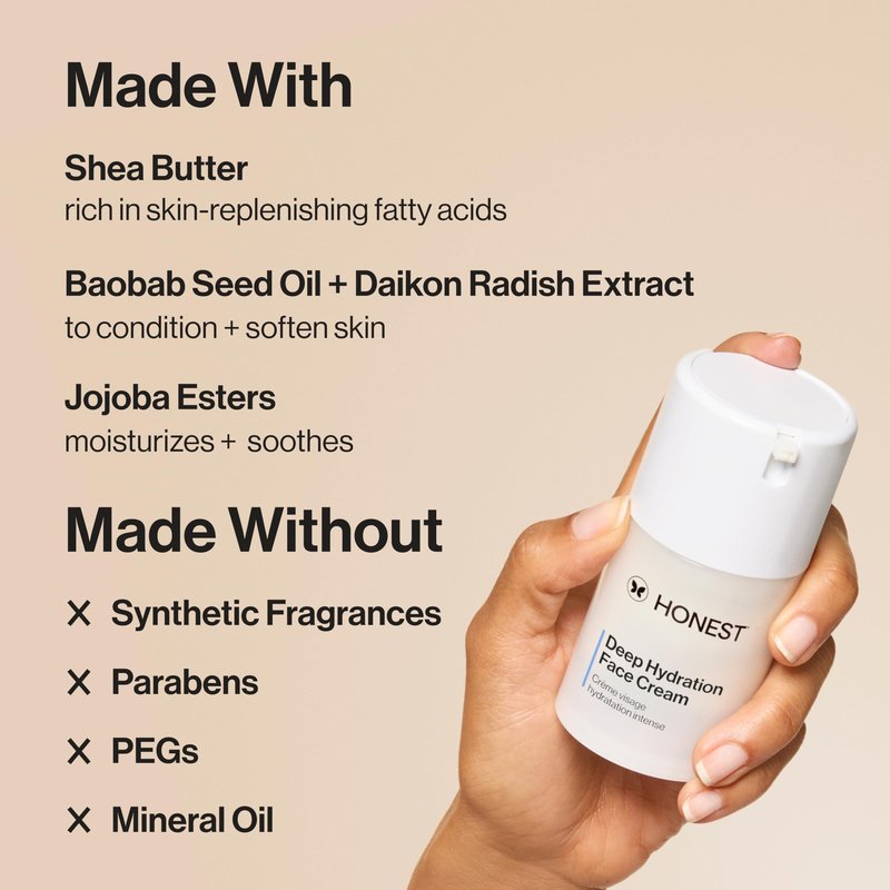 Honest Beauty Deep Hydration Face Cream for Dry Skin, Hydrates and Supports Natural Moisture Barrier, Hypoallergenic, Gentle Sensitive, 1.7 fl oz