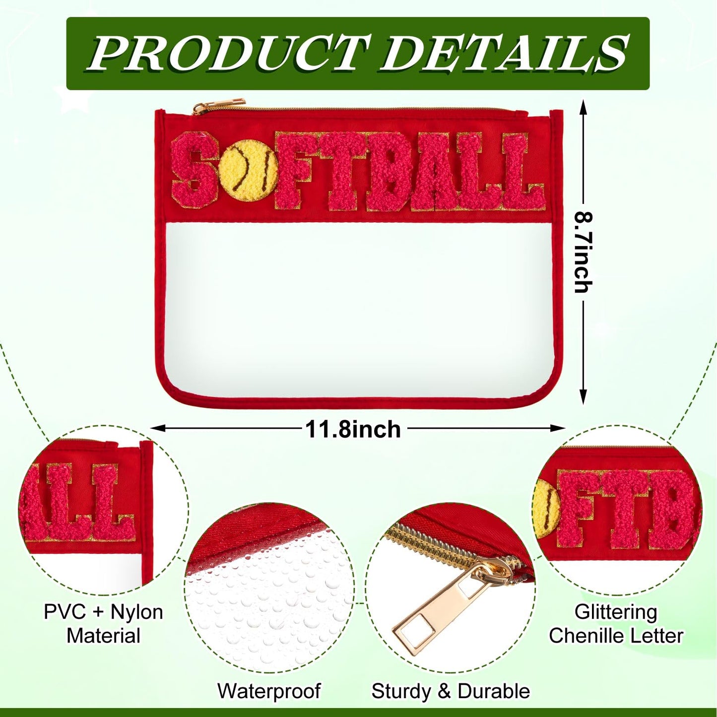 Aliceset 6 Pcs Softball Chenille Letter Preppy Patch Makeup Snack Bags, Gift for Women Waterproof PVC Cosmetic Organizer Storage, Flat Clear Portable Toiletry Zipper Pouch(Red, Yellow)