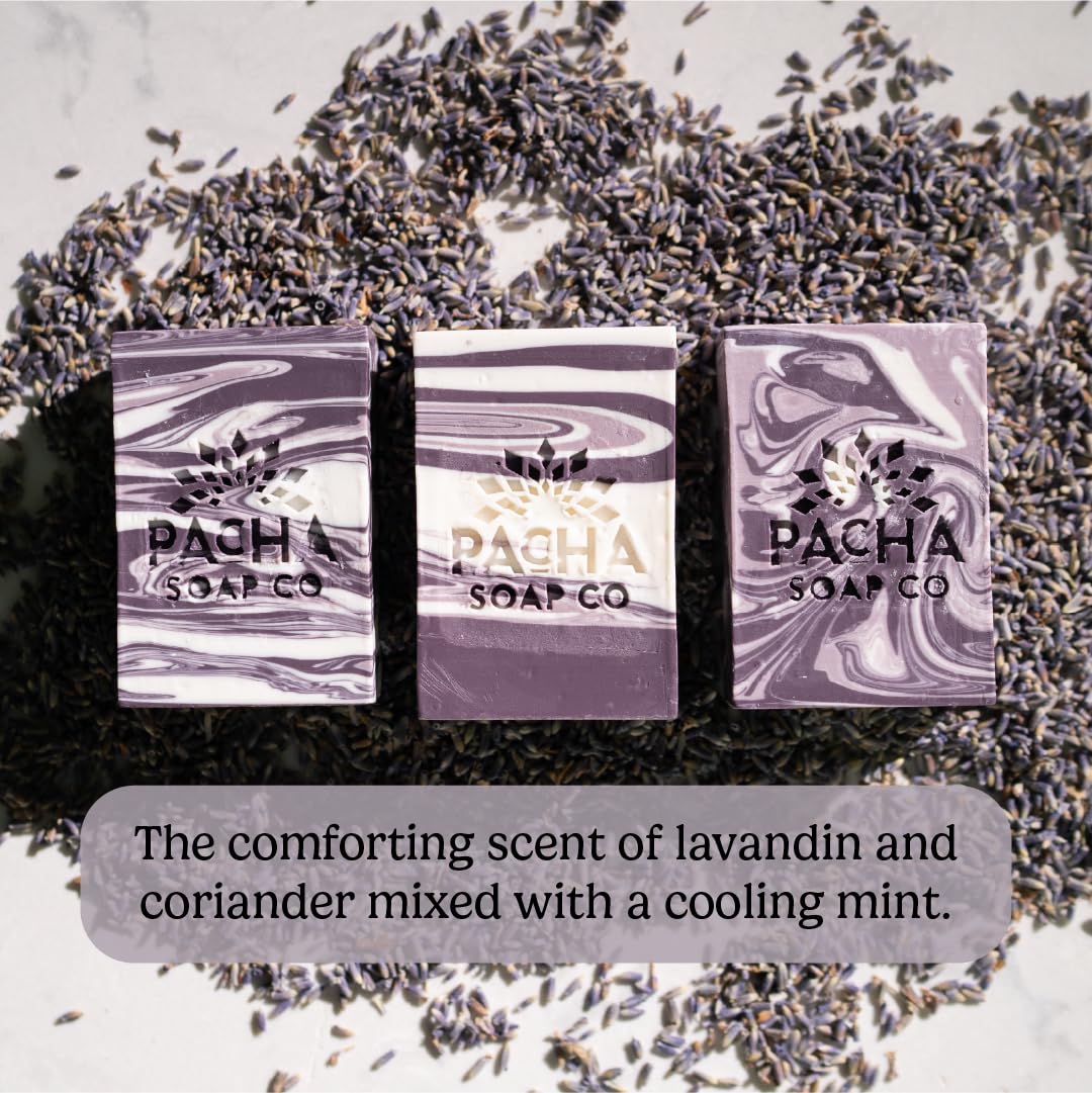 Pacha Soap Co. Bar Soap - French Lavender, Handcrafted Made in the USA Natural Bar Soap with Shea Butter & Essential Oils, Moisturizing, Calming Scented Soap for Face, Hands & Body, 3-Pack (4 oz ea)
