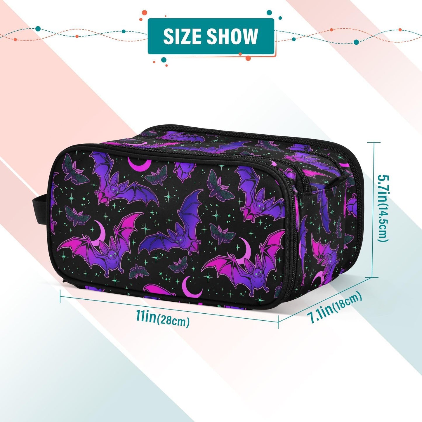 MNSRUU Travel Makeup Bag, Purple Bat Gothic Makeup Bag Large Capacity Cosmetic Bag Organizer, Portable Toiletry Bag for Travel Size