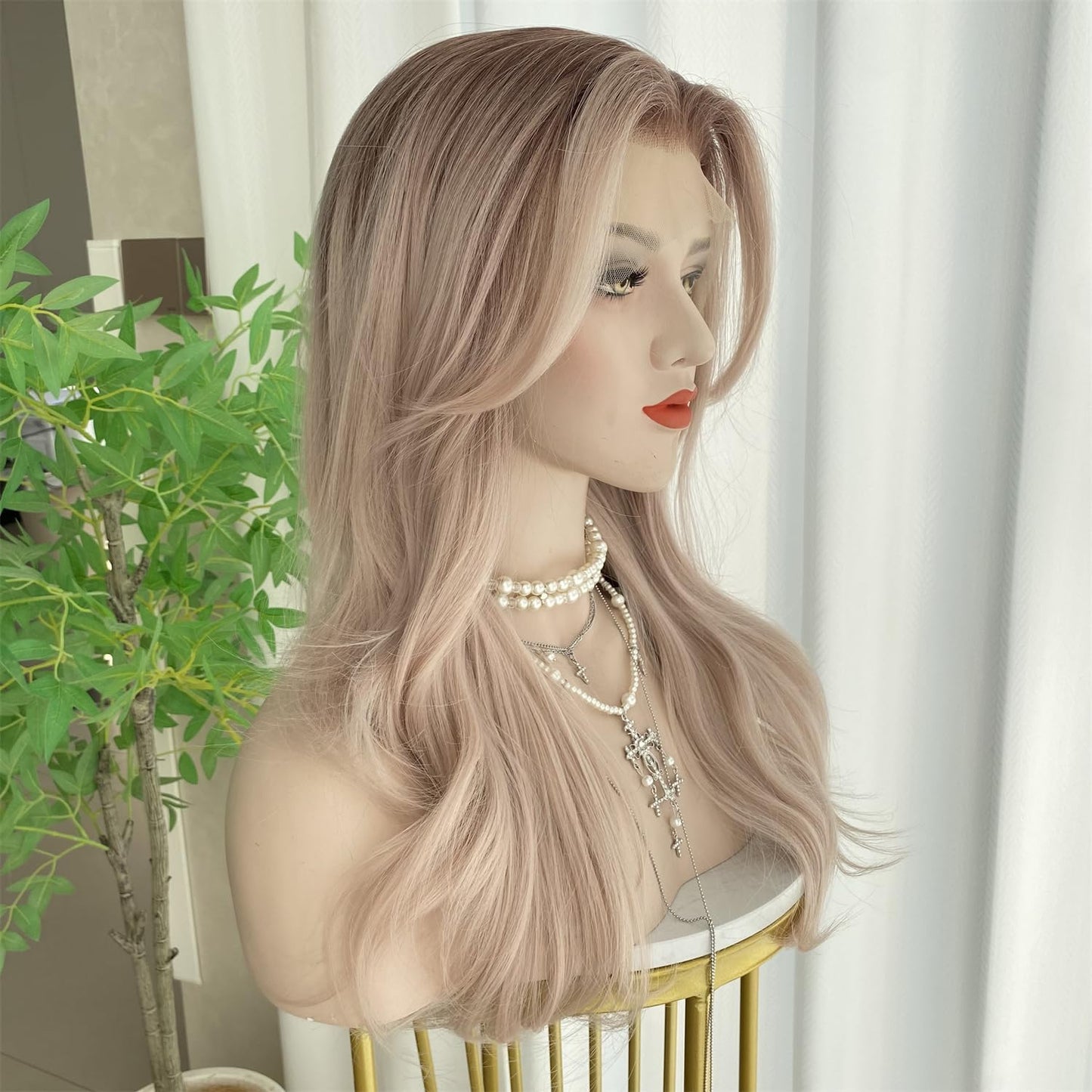 Light Blonde Lace Front Wig - 13x4 Curtain Bangs, 20-Inch Long Natural Wavy Synthetic Fiber for Women