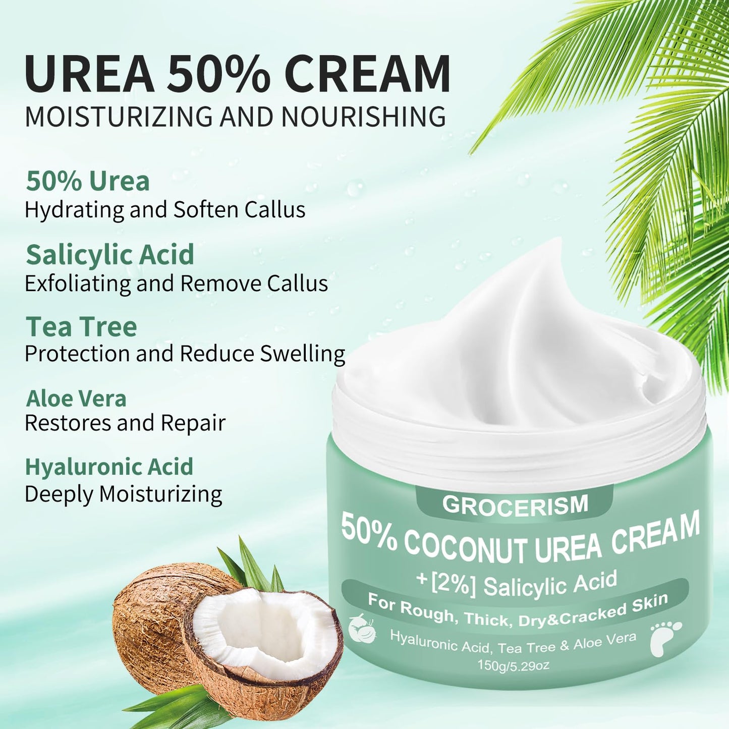 Urea Cream 50 Percent for Feet with Coconut 5.29 oz || Foot & Hand Cream Maximum Strength with 2% Salicylic Acid, Tea Tree and Aloe Vera for Deep Moisturizing and Callus Removing (Classic Formula)