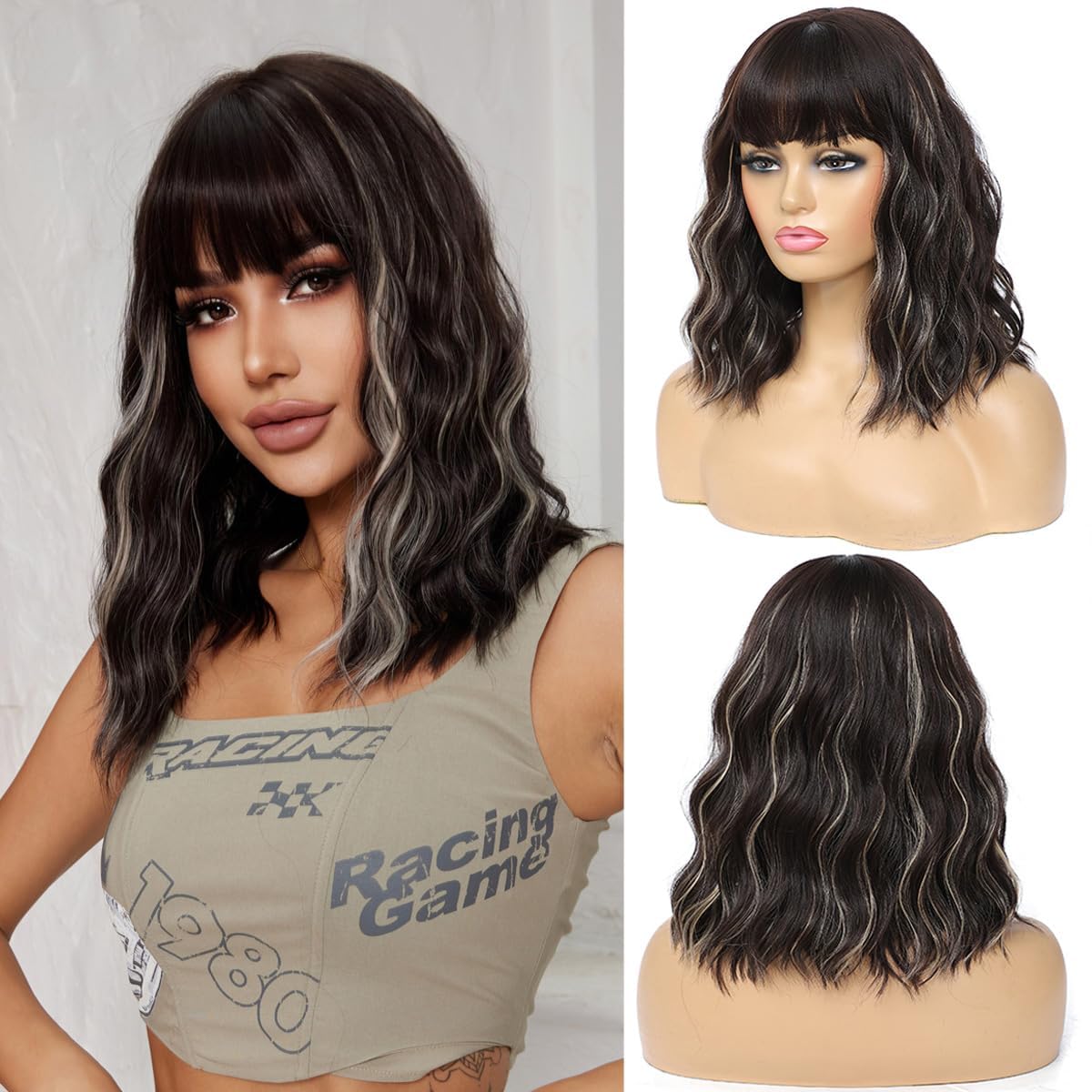 Veally Blonde Highlight Bob Wig with Bangs Short Brown with Blonde Wigs for Women Natural Looking Synthetic Heat Resistant Fiber Highlight Wig for Daily Party Use