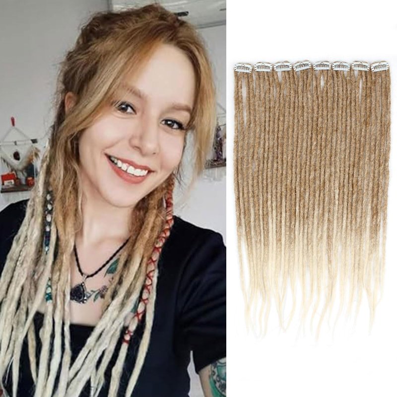 Quisduis 16 Inch Clip in Dreadlocks Hair Extensions, 8PCS 32 Strands Light Brown to Blonde Synthetic Dreas Extensions Handmade Soft Thin Dreadlocks for Women