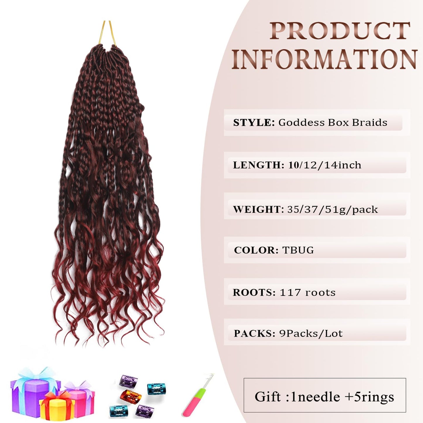 Flagship 9 Packs Goddess Box Braids Crochet Hair for Black Women,14 Inch Ombre Red Pre-looped Crochet Braids with Curly Ends,Burgundy Bohemian Curly Hippie Box Braids Crochet Hair -Tbug