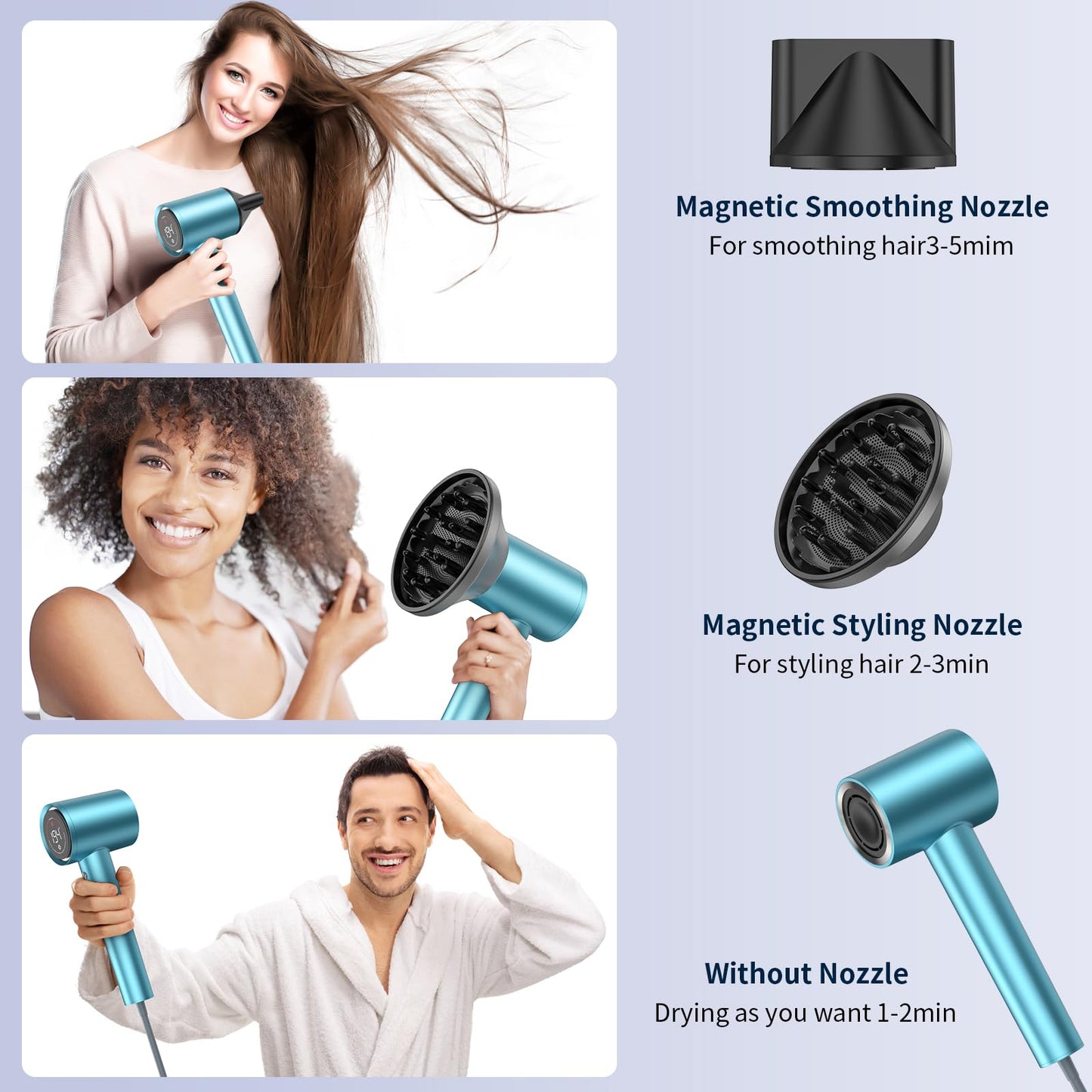 Hair Dryer, 150000 RPM Professional High-Speed Blow Dryer 500 Millions Negative Ionic Care Hair Dryer for Fast Drying, Low Noise 4 Temp/3 Speeds Hairdryer, Travel with Magnetic Diffuser & Nozzle