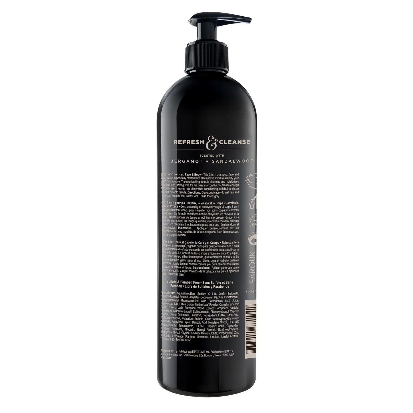 CHI Pour Homme 3-in-1 Hair, Face & Body Wash for Men, Sulfate-Free Cleansing & Moisturizing Shampoo, Fresh Woody Scent, Aloe Vera & Nettle-Infused Grooming Cleanser, 25 oz
