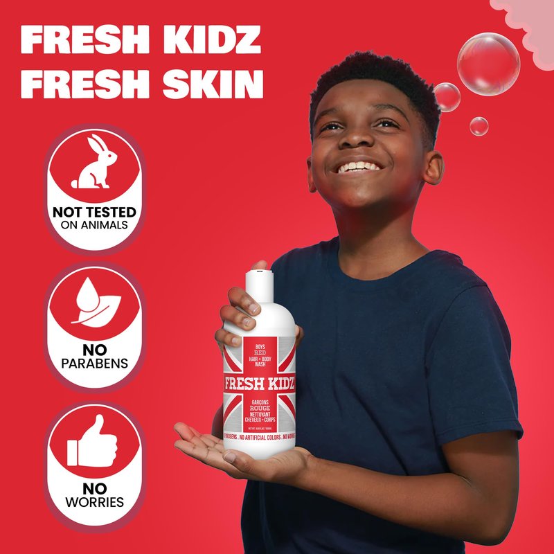 Fresh Kidz Hair & Body Wash 16.9 fl.oz. and Stick Deodorant 2.65 oz for Kids and Teens - Boys Red Set