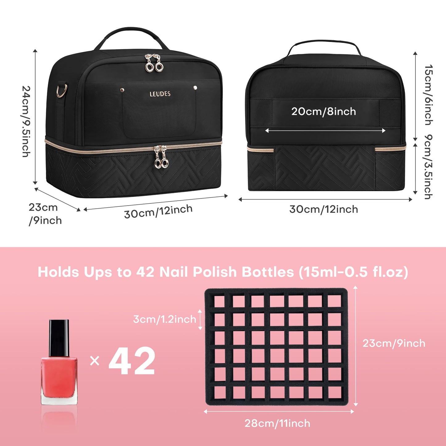 Leudes Nail Polish Organizer and Storage Holder 42 Bottles&Manicure Kit &Nail Lamp,Nail Stuff Bag Organizer Travel Case for Nail Tech Supplies Accessories Manicure Tools (Black)
