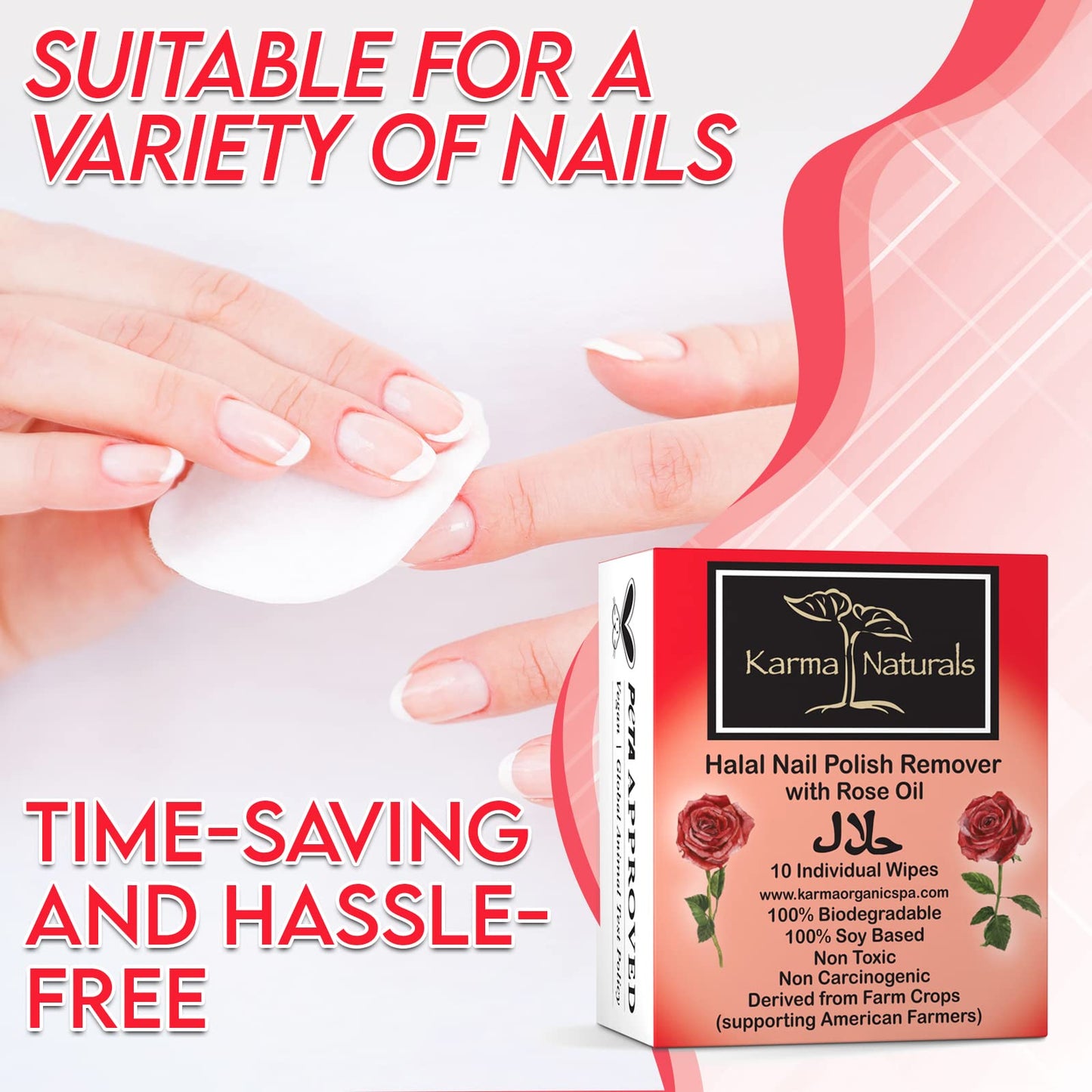 Karma Halal Nail Polish Remover Wipes with Rose Oil; Non-Toxic, Vegan, Cruelty-Free – Pack of 10