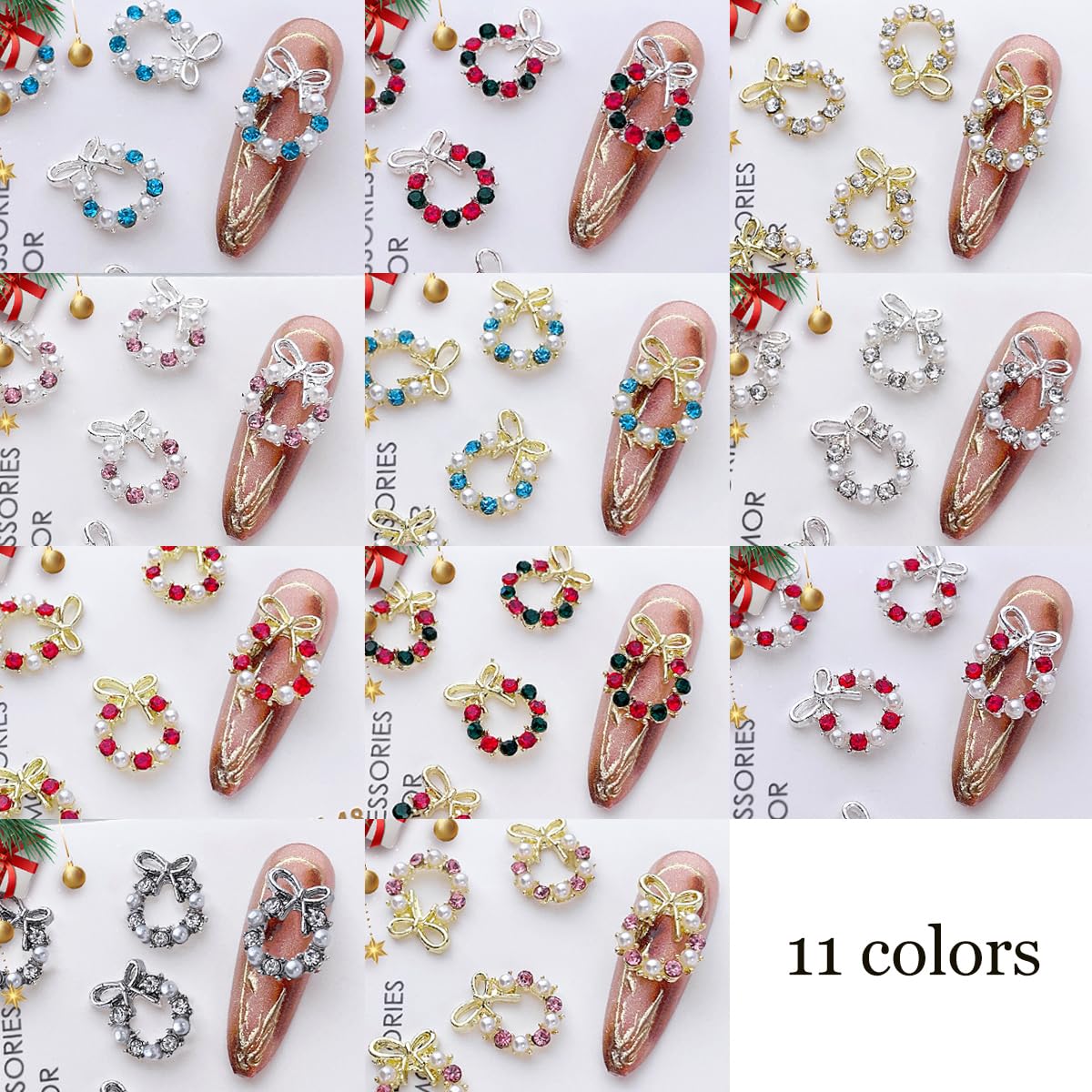 22Pcs Christmas Nail Charms with Pearls Designs Alloy Xmas Wreath Crystal Nail Art Charms Sliver Gold Nail Rhinestones Jewelry for Women DIY Manicure Christmas Holiday Nail Decorations