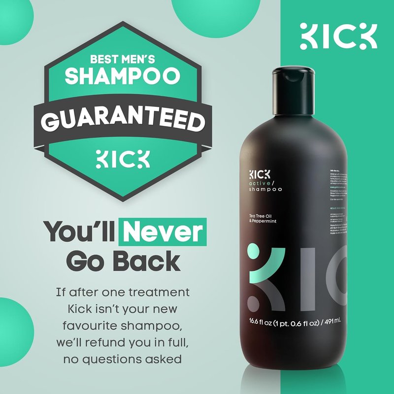Kick Men's Shampoo - Peppermint & Tea Tree Oil Control | Sulfate-Free, Anti-Dandruff Formula - 16.6oz