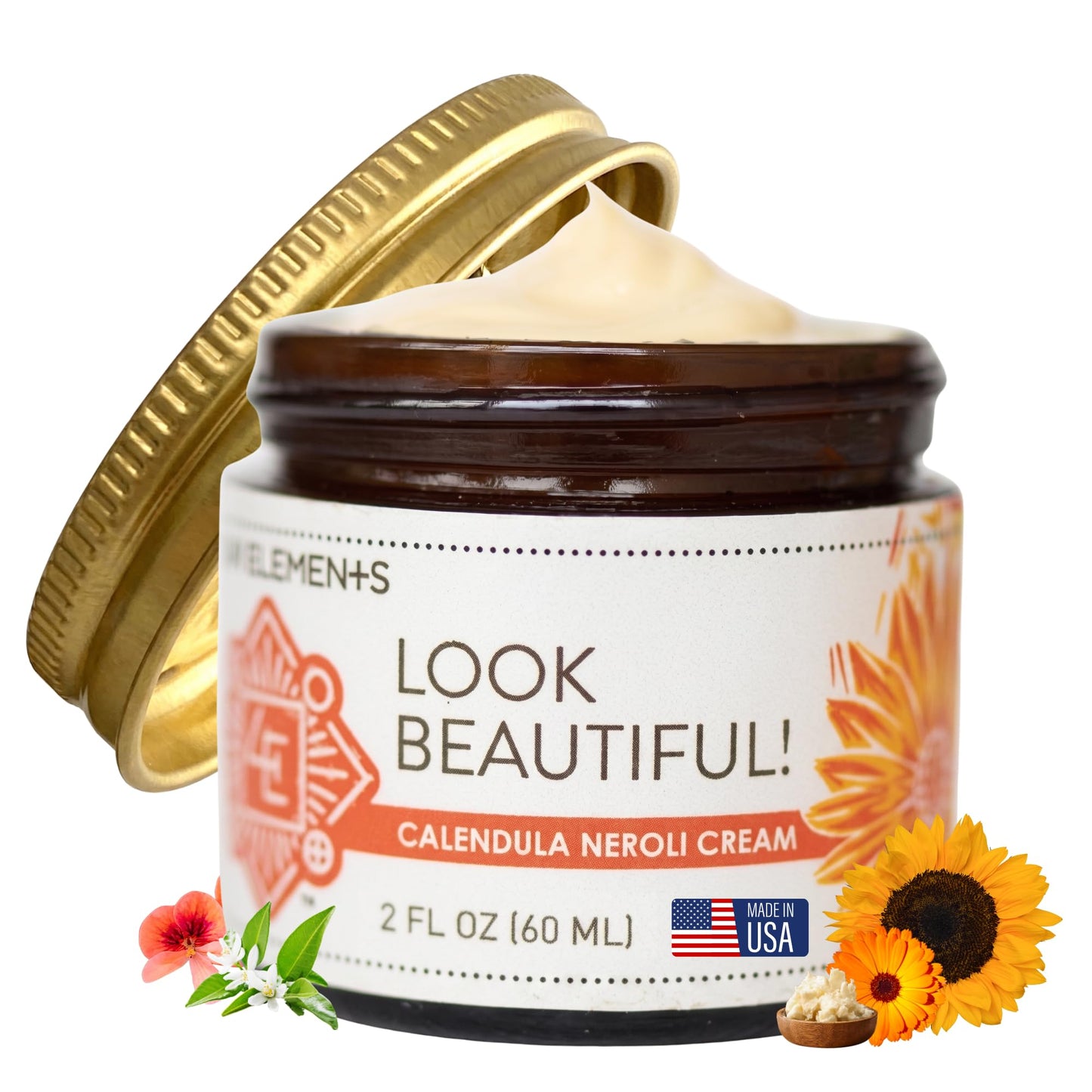 Four Elements 4E Calendula Neroli Cream 2 Oz | Organic Face Moisturizing Cream with Shea Butter & Essential Oils | Hydrating Skin care for Soft, Smooth Skin | Self-Care Gifts for Women
