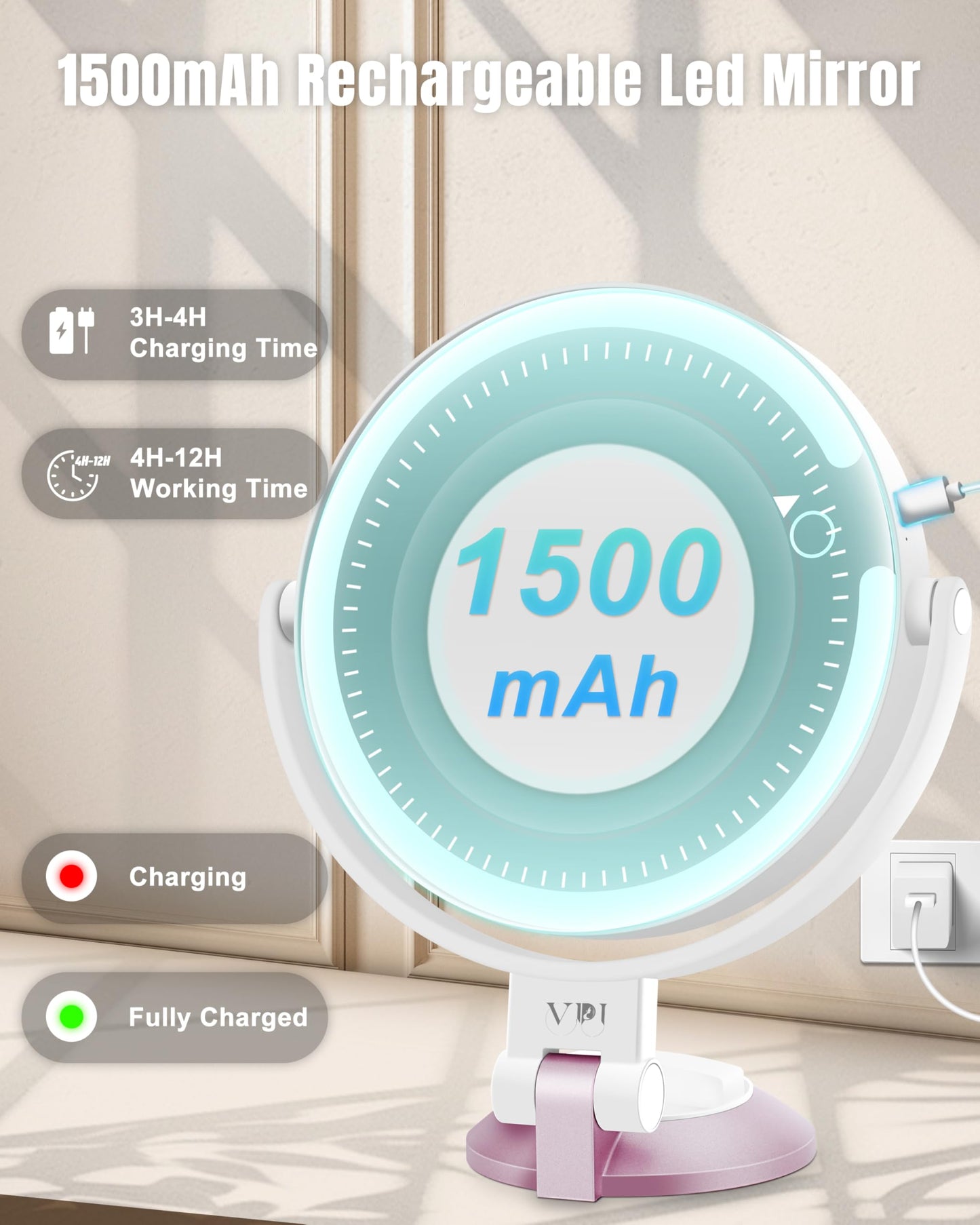 vpu 15X/1X Wall Mounted Magnifying Makeup Mirror with Power Suction Cup, Rechargeable Double Sided Regular HD/Magnification 3 Color Modes Adjustable Brightness Mirror with Lights for Bathroom, Travel