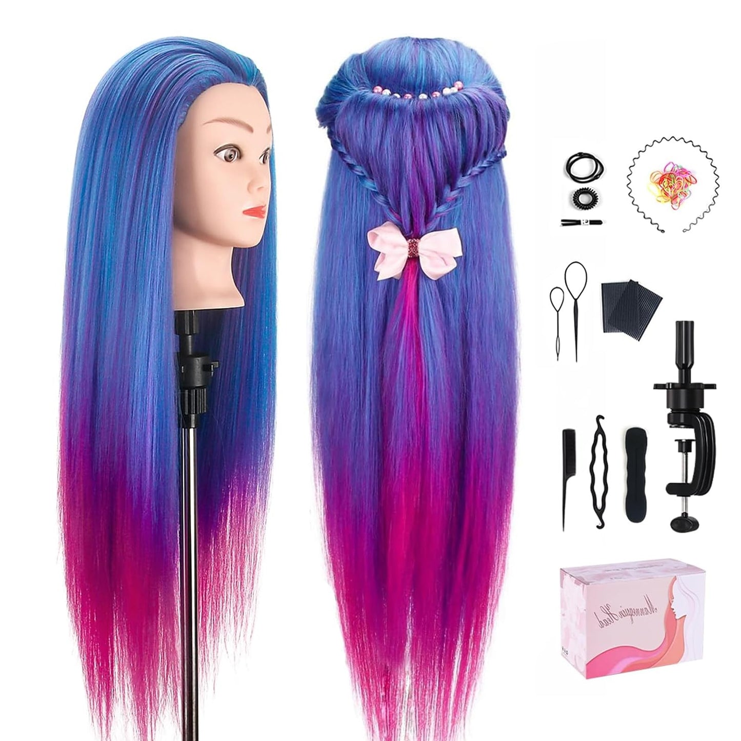 Mannequin Head with Hair, TopDirect 29" 100% Synthetic Fiber Training Head Manikin Cosmetology Hair Doll Head Styling Hairdressing Training Braiding Practice Heads with Clamp Holder and Tools