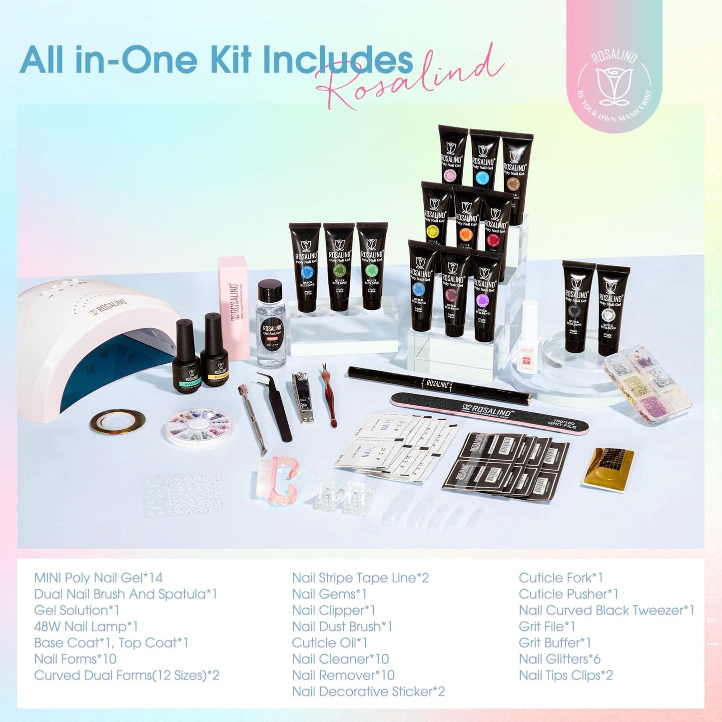 ROSALIND Neon Poly Nail Gel Kit, 14 Colors White Black Yellow Pink Poly Nail Gels Kit with Slip Solution and Mini Lamp Poly Nails Gel Starter Kits For All Seasons Beginner DIY at Home