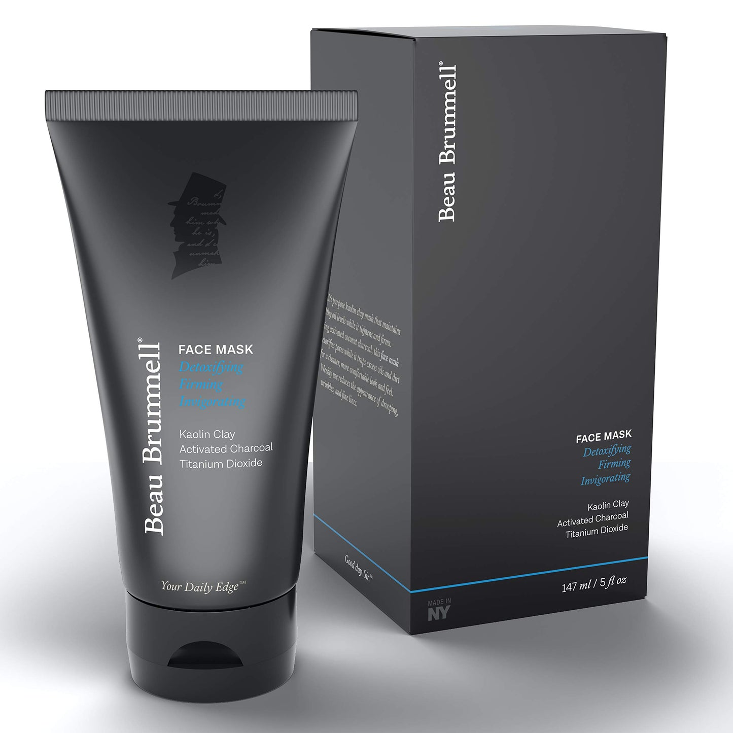 Beau Brummell Men’s Face Mask Detoxifying Facial Treatment with Kaolin Clay & Activated Charcoal | Deep Cleansing Formula | 5 FLOZ Tube Lasts Approx 6-Months |Made In USA