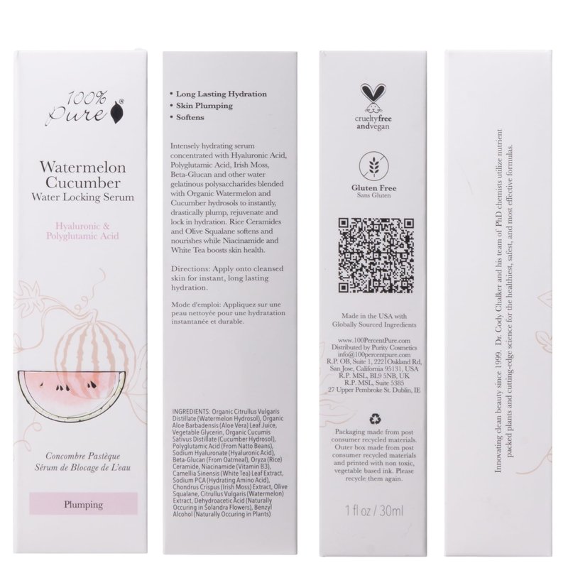 100% PURE Watermelon Cucumber Water Locking Moisturizing Serum for Face with Hyaluronic Acid to Replenish Hydrate & Plump Dry Thirsty Skin, Vegan - 1.7 fl oz