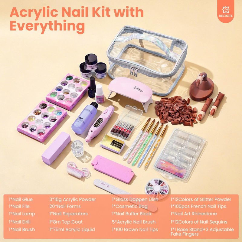 Nail Kit for Beginners with Everything: Professional Nail Acrylic Powder Liquid Set with Practice Finger Drill U V Light in Makeup Bag for Women Salon Home (Silver)