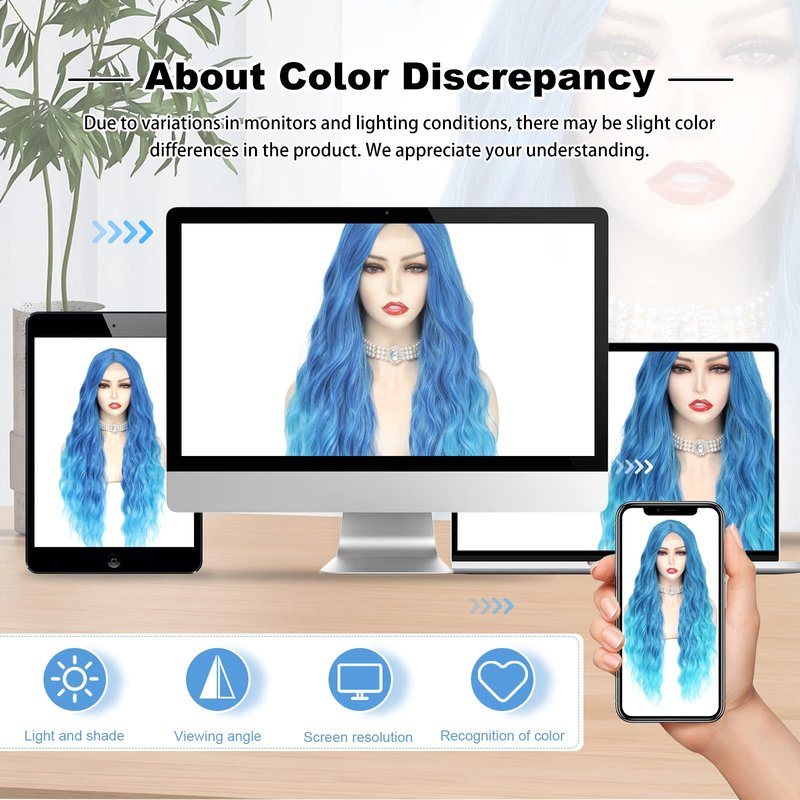 BUPPLER Cosplay Long Blue Wig 28 Inch Middle Part Synthetic Wig Realistic Gifts Party Wigs for Women Daily Use Colorful Wigs (Blue)