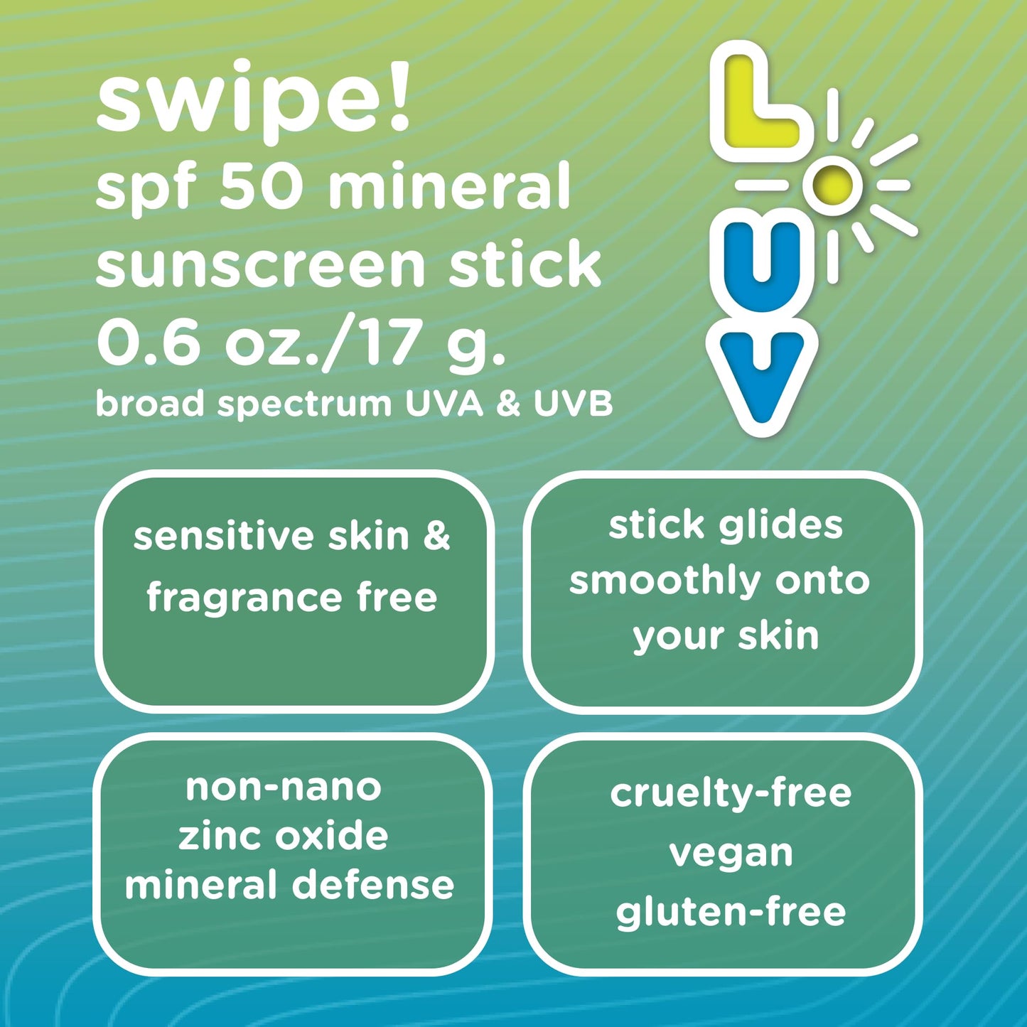 L-UV swipe! SPF 50 Mineral Sunscreen Stick, Broad-Spectrum Protection Against UVA & UVB Rays, Perfect For Everyday Activities & Outdoor Adventures, Lightweight Sun Protection, Sensitive Skin Safe.