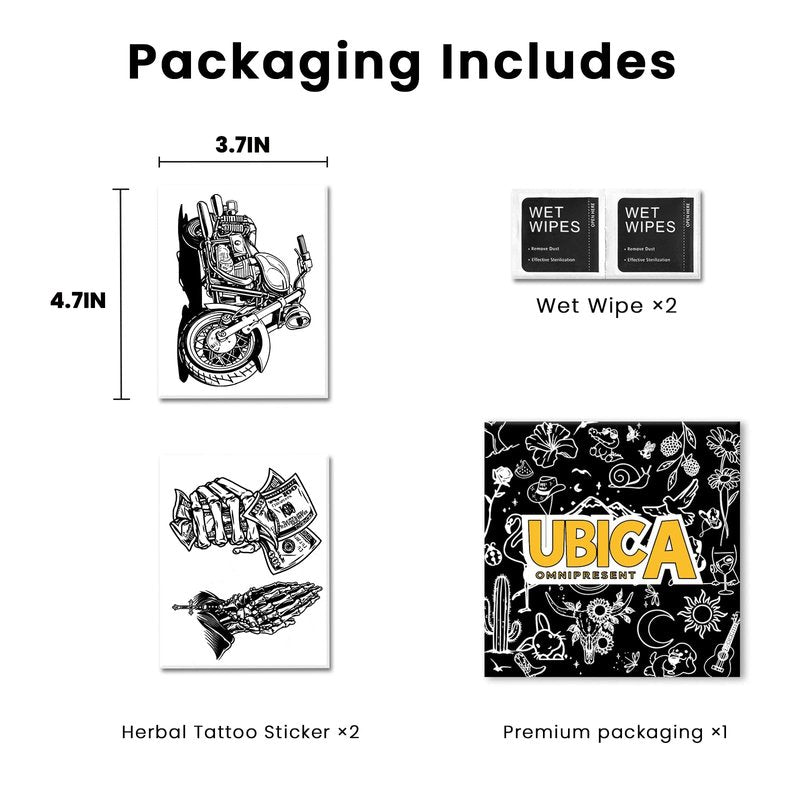 UBICA Semi Permanent Tattoos, 2 Sheets Realistic Temporary Tattoos for Men, Fake Tattoos for Arm Hand, Waterproof, No Reflective, Lasts 2 Weeks (Chicano Motorcycle & Skull Money Cross Hand Designs)