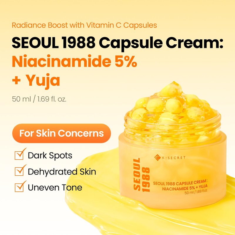 K-SECRET SEOUL 1988 Niacinamide Capsule Cream – Hydrating Face Moisturizer with 5% Niacinamide and Yuja | Vitamin C Capsule Cream for Dark Spots, Uneven Skin Tone | Korean Skincare, 50ml / 1.69 fl oz