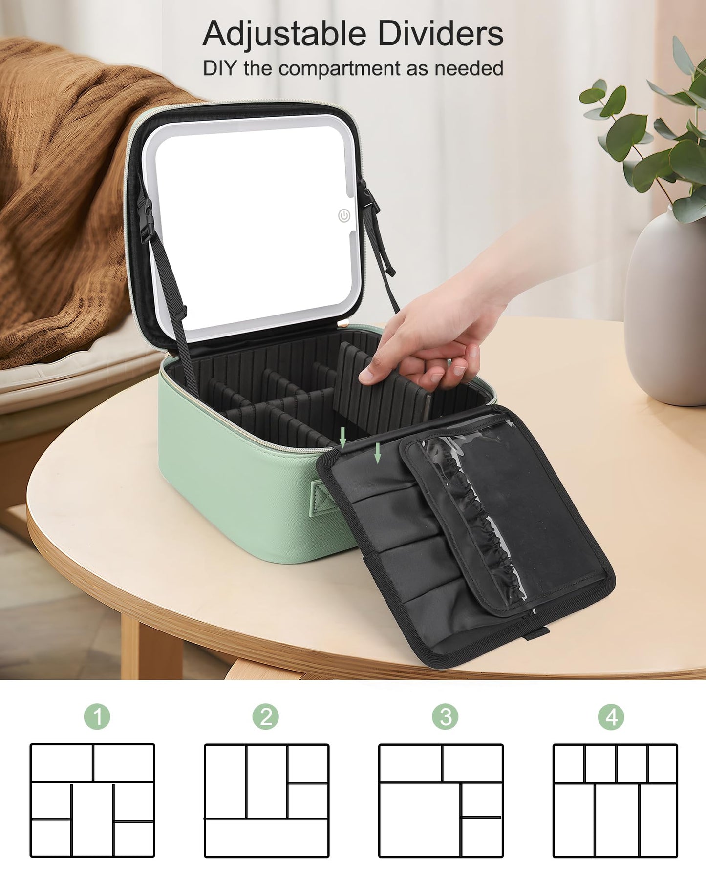 Relavel Makeup Bag With Light Up Mirror, Travel Cosmetic Case With Brush Organizer Storage Box, Rechargeable Vanity With 3 Color Lights, High Frame Protection (Green)