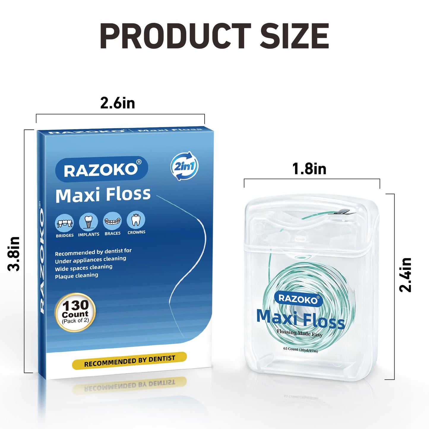 RAZOKO Threader Floss for Braces,Implants and Wide Tooth Gaps-130 Count Pre-Measured Strands 2-in-1 Expanding Waxed Dental Floss for Deep Clean,Gentle for Adults & Kids,Light Mint Flavored