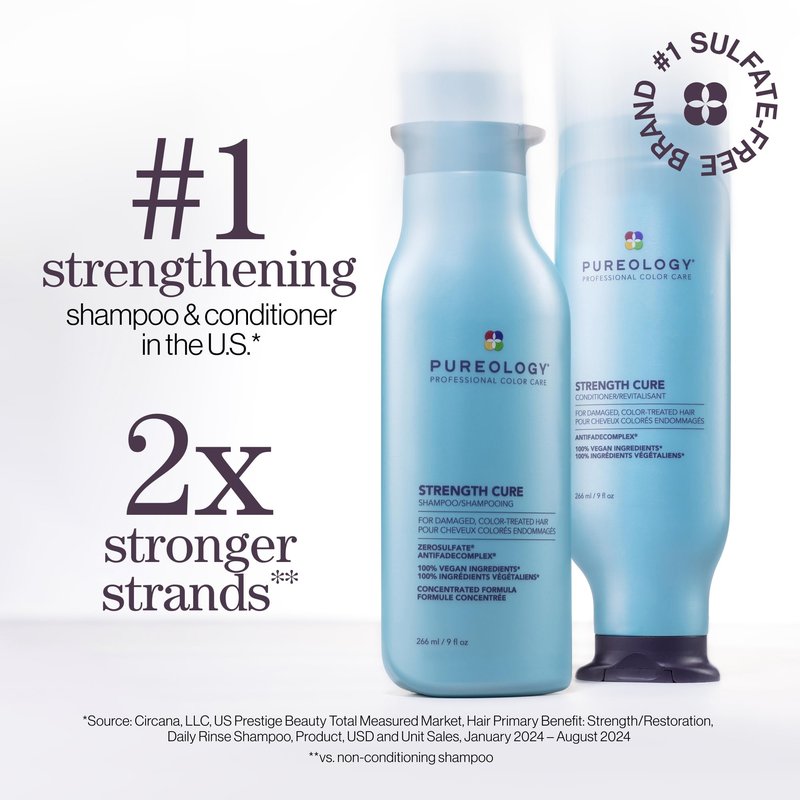 Pureology Strength Cure Shampoo & Conditioner Set - For Damaged or Color Treated Hair, Hair Strengthening & Prevents Breakage, Seals Split Ends, Vegan, 33.8 Fl Oz