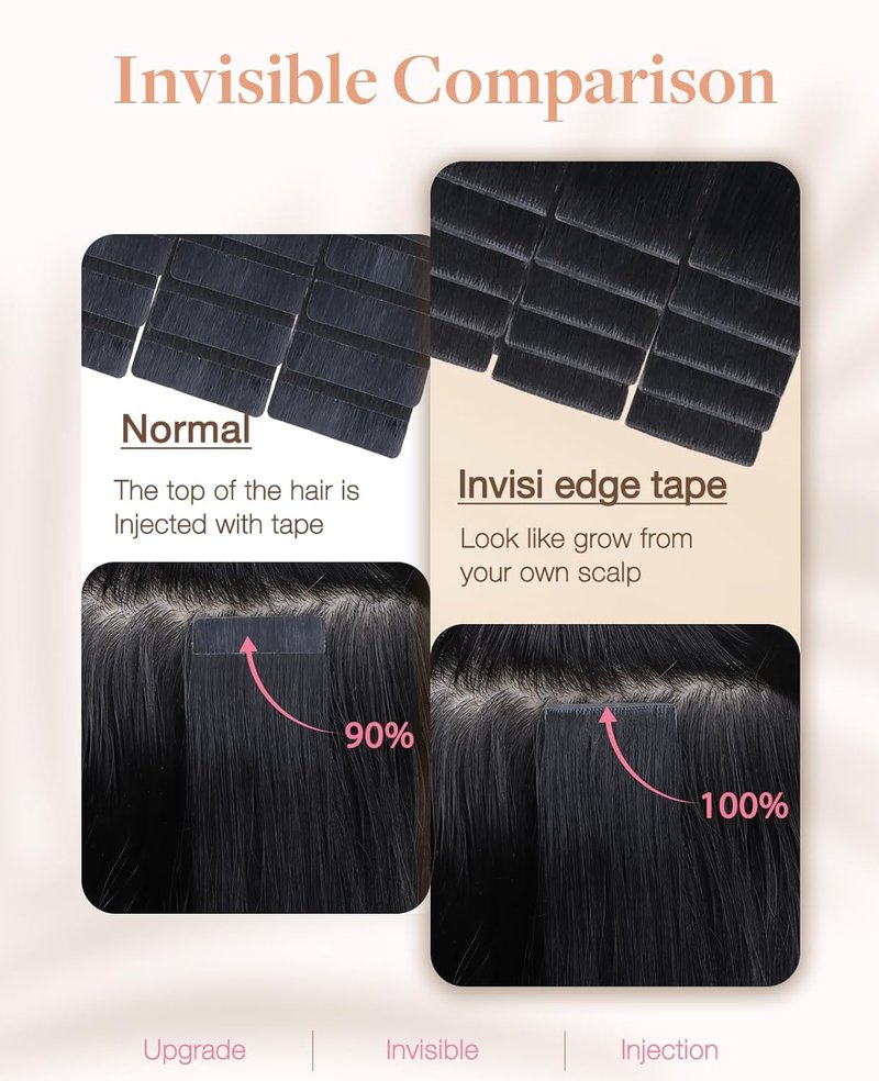 Invisi Edge Tape Hair Extensions - 20pcs Jet Black 14" Virgin Remy Human Hair | Seamless & Natural Look