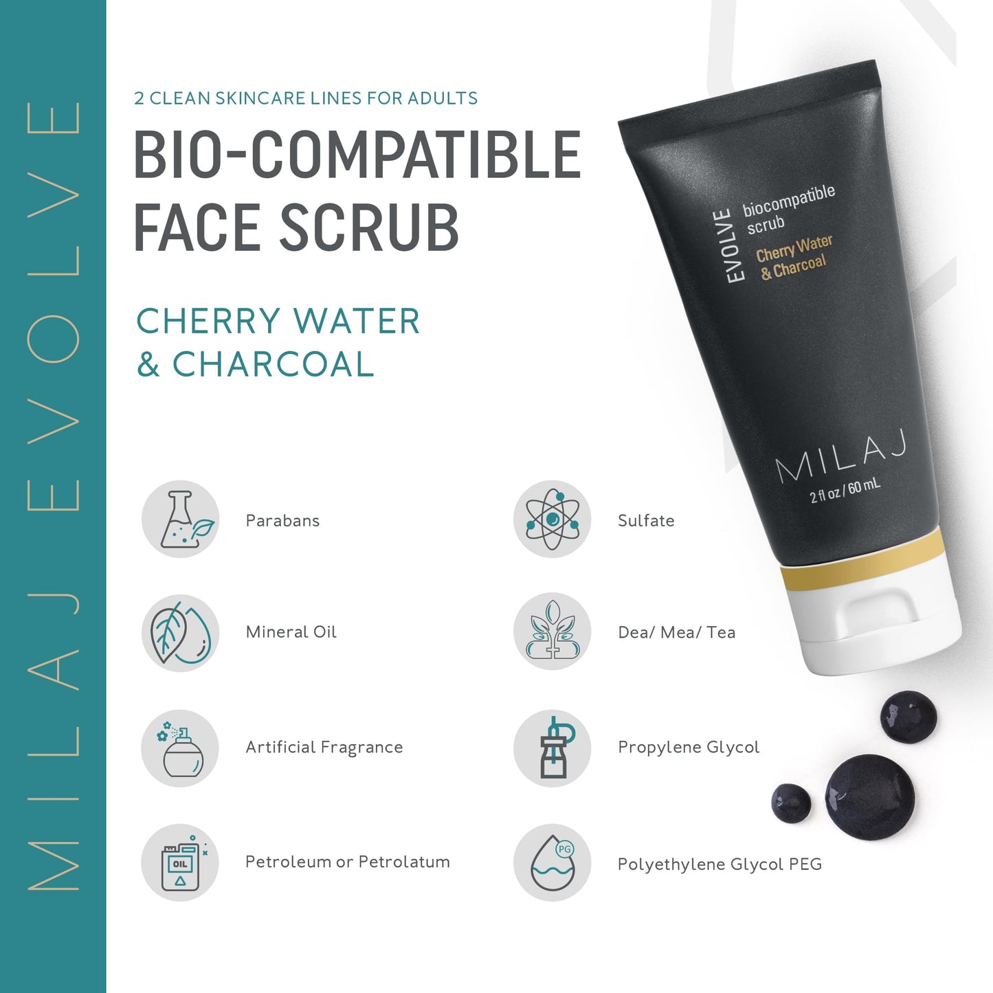 MILAJ Evolve Biocompatible Face Scrub | Charcoal & Cherry Water Facial Exfoliator to Cleanse Pores and Reduce Uneven Skin Tone | Clean Skincare for Regular Use 2fl oz