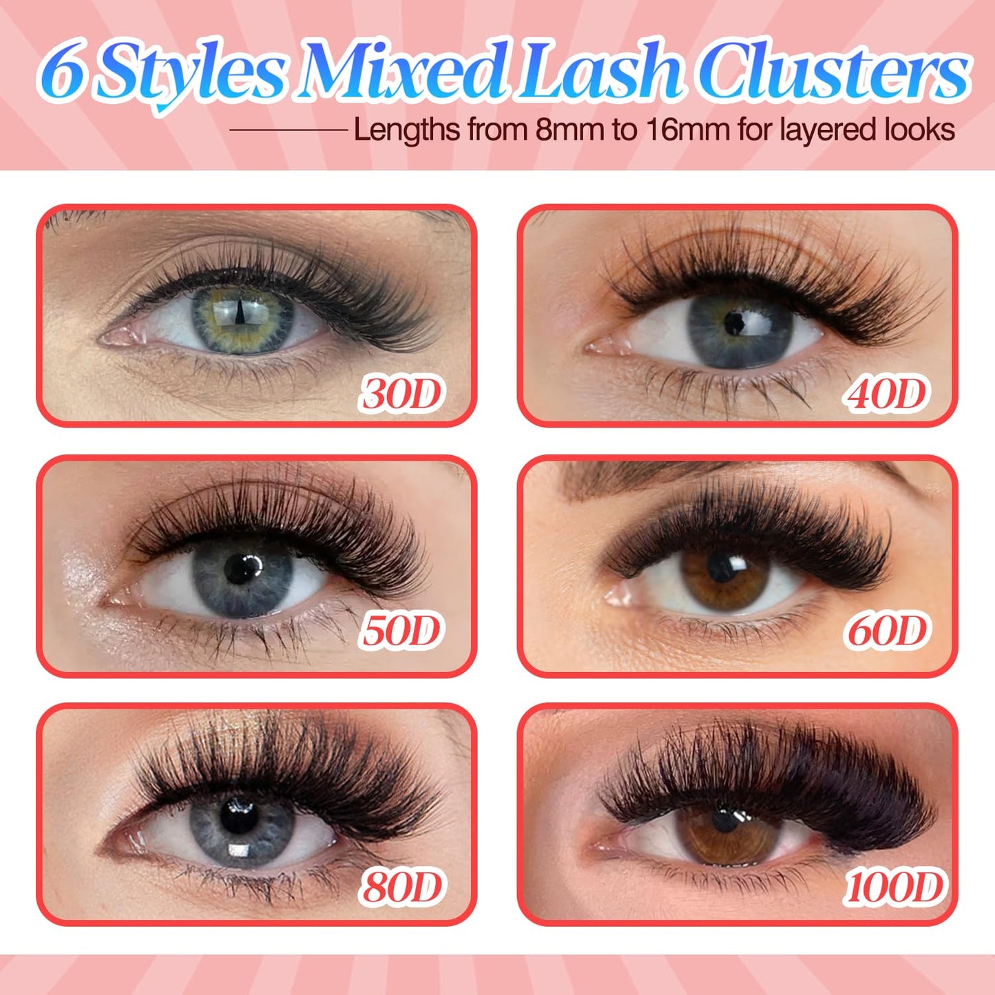 NovaBeryl Lash Clusters Kit–708PCS DIY Eyelash Extension Kit with Bond & Seal, C Curl 30D–100D 0.07mm Soft Individual Cluster Lashes for Natural, Fluffy & Volume Looks (TWEEZERS)