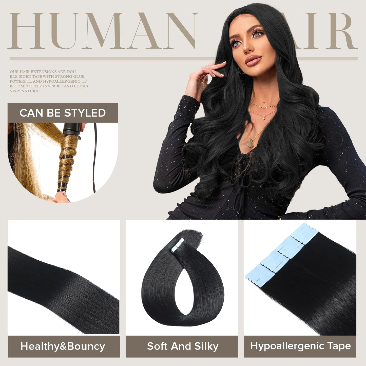 Mifes Tape in Hair Extensions Human Hair Jet Black #1 20pcs/50g 20 Inch Hair Extensions Real Human Hair Natural Hair Extensions Straight Hair Extensions for Black