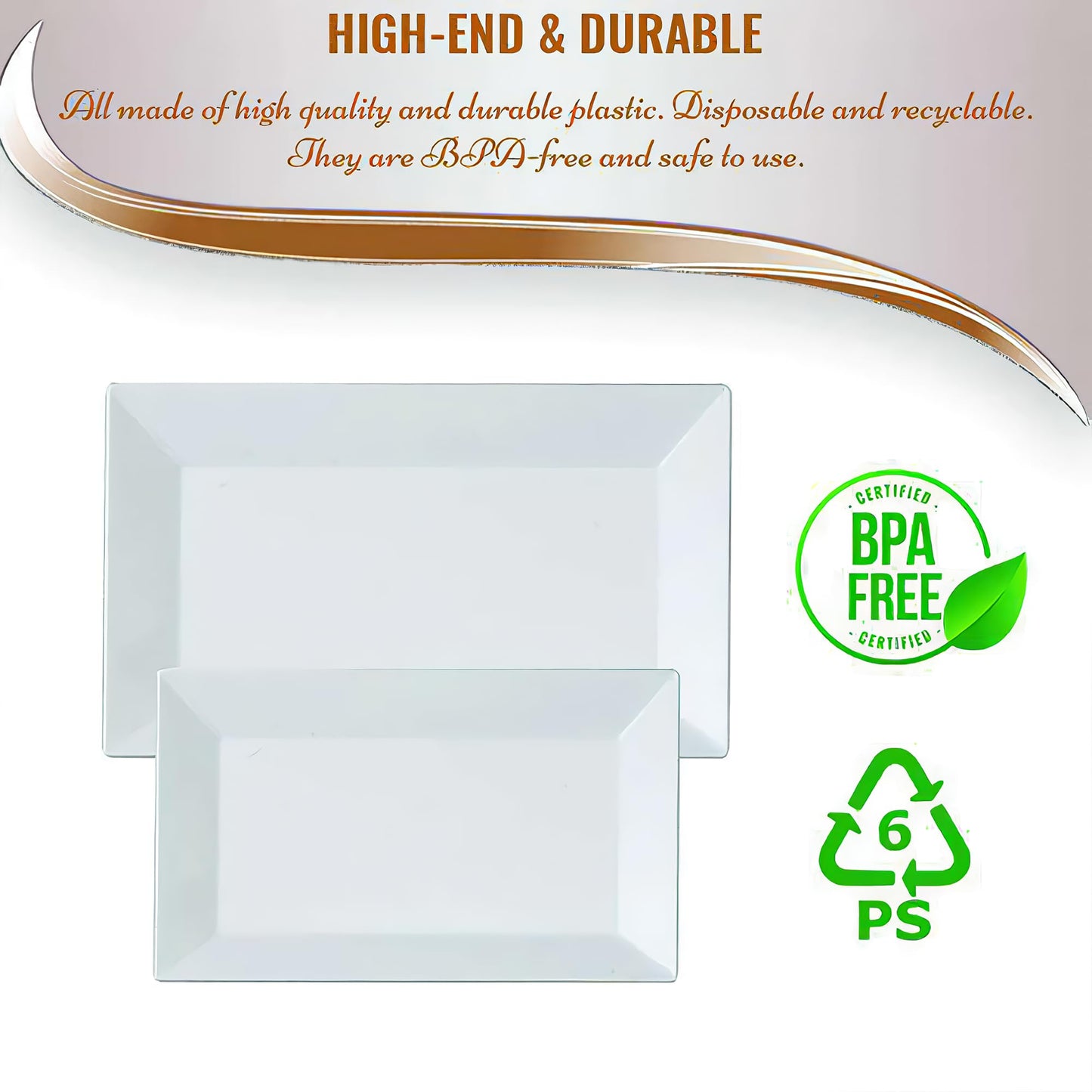 Kaya Elegant Rectangular White Plastic Dessert Plates (5.5" x 8.5") - Pack of 10 - Perfect for Weddings, Birthdays & Home Use