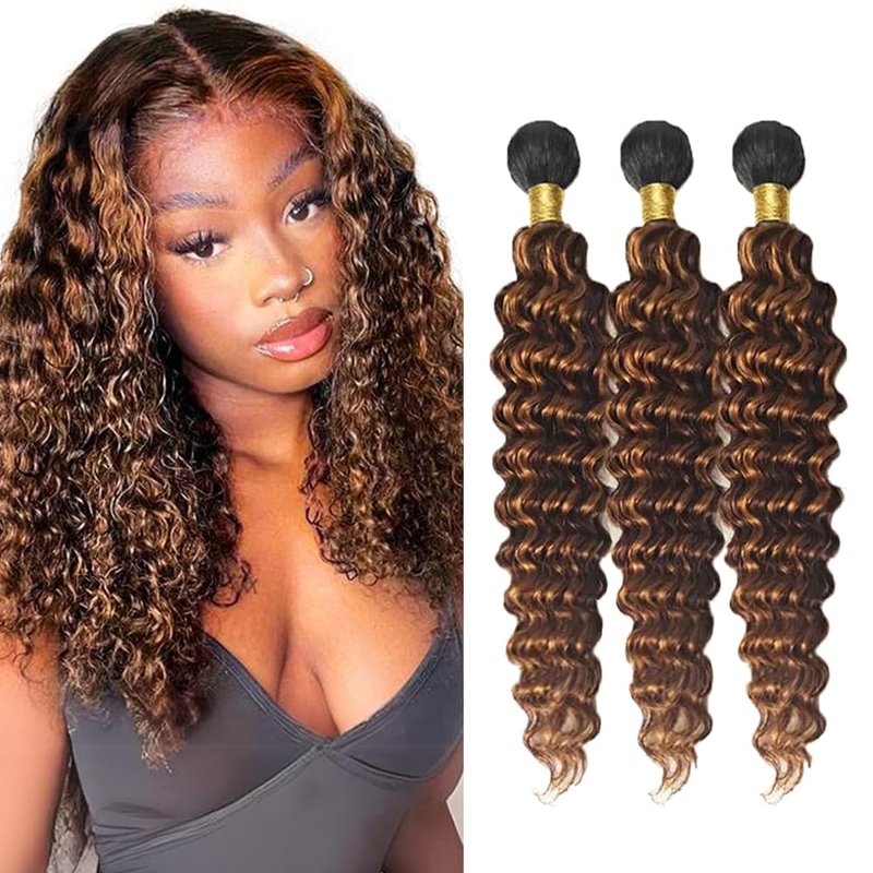 Ombre Human Hair Bundles - Highlighted Deep Wave Extensions | 12-16 Inch Brown Hair Bundle
