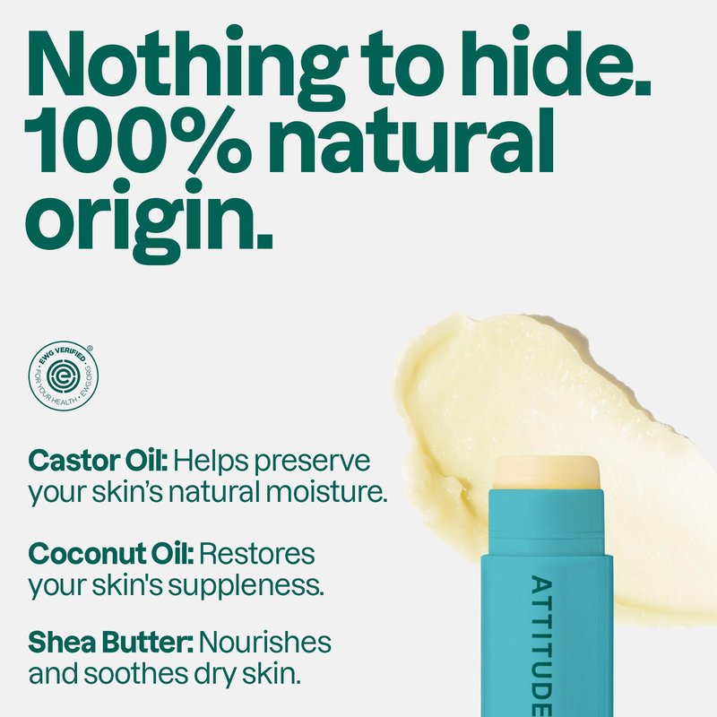 ATTITUDE Lip Balm Duo, EWG Verified, Fragrance Free Moisturizing Lip Care with Castor Oil, Coconut Oil & Shea Butter, Vegan, Unscented, 0.14 Oz (Pack of 2)