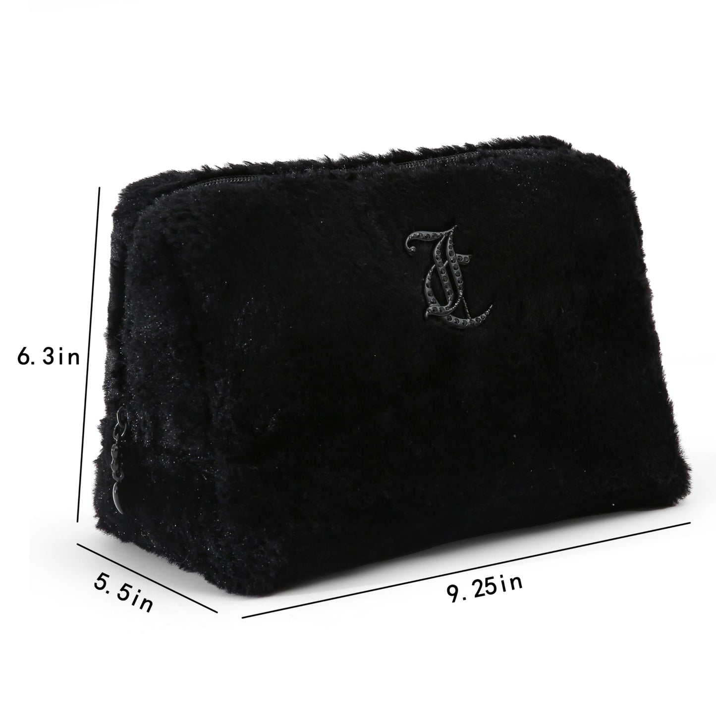 Juicy Couture Black Makeup Bag Cosmetics Organizer Travel Essentials Zip Top Wedge Faux Fur Rhinestone