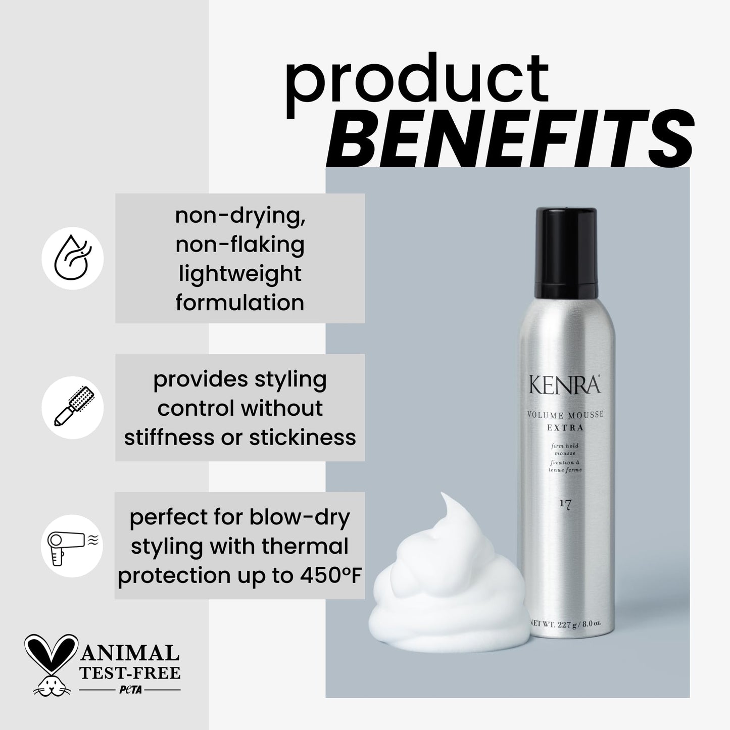Kenra Volume Mousse Extra 17 | Firm Hold Mousse | Alcohol Free | Non-drying, Non-flaking Lightweight Formula | Tames Frizz & Conditions |Thermal Protection up to 450F| All Hair Types | 8 oz (2-Pack)
