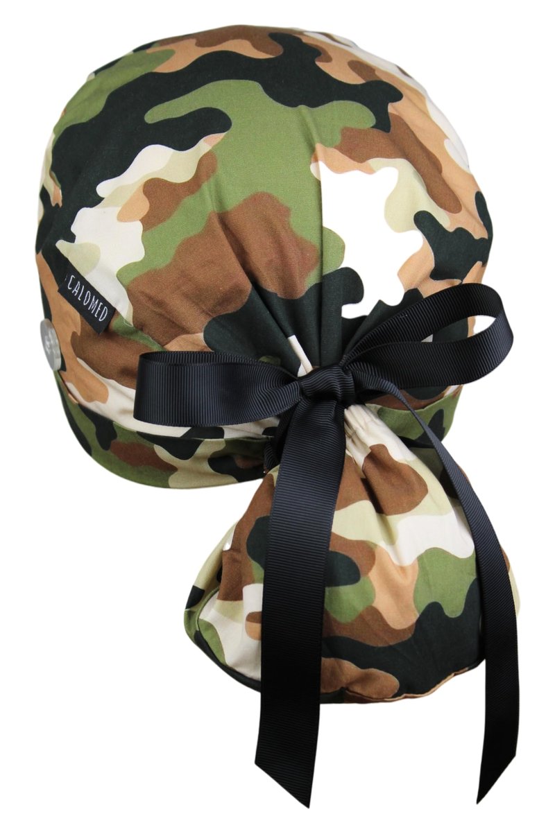 CALOMED Scrub Cap for Women and Men, Ponytail Scrub Caps, Working Hat, Head Cover with Ribbon Ties and Buttons, Long Hair (Christmas Hollyberries)