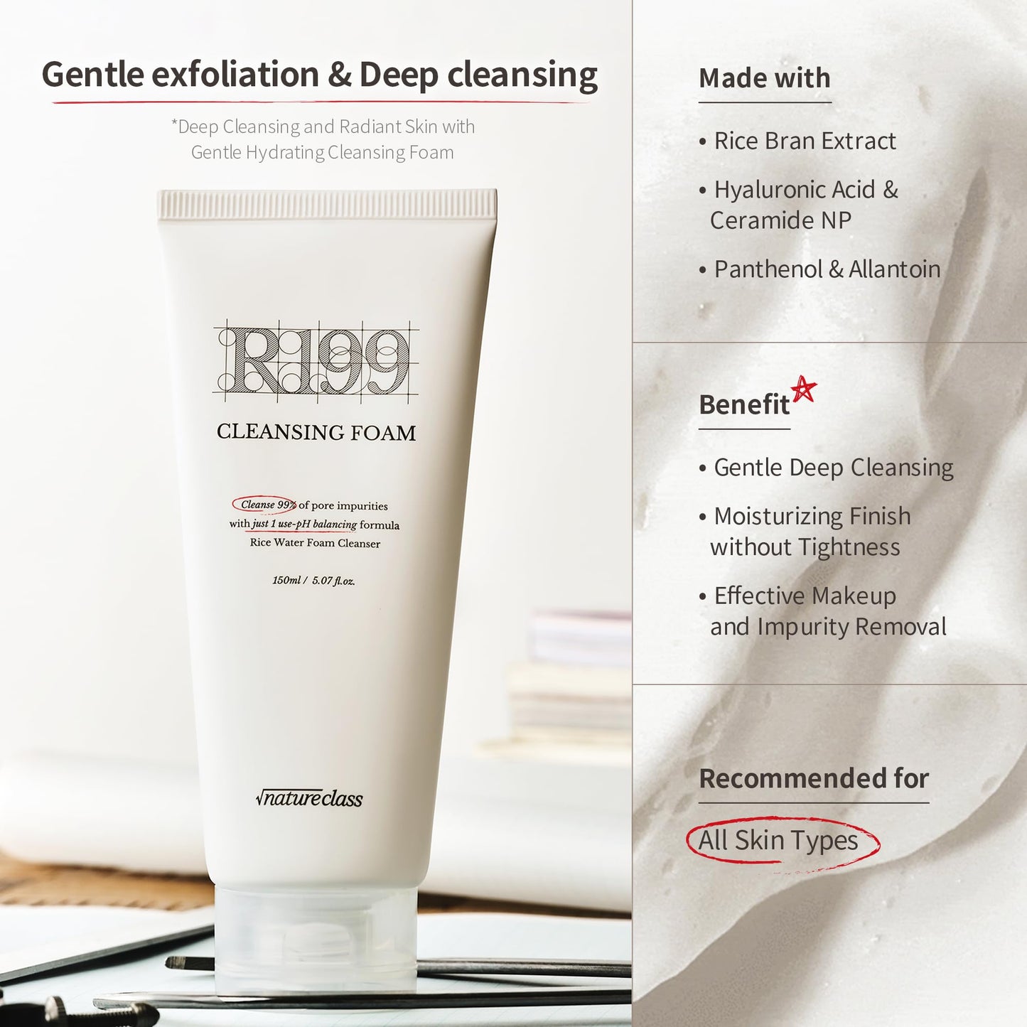 NATURECLASS R199 Rice Enzyme Cleansing Foam – Deep Cleanser for Sensitive Skin, Blackhead & Pore Care, Double Cleansing, Aloe & Hyaluronic Acid, Korean Skin Care, Fragrance Free, 5.07 fl oz
