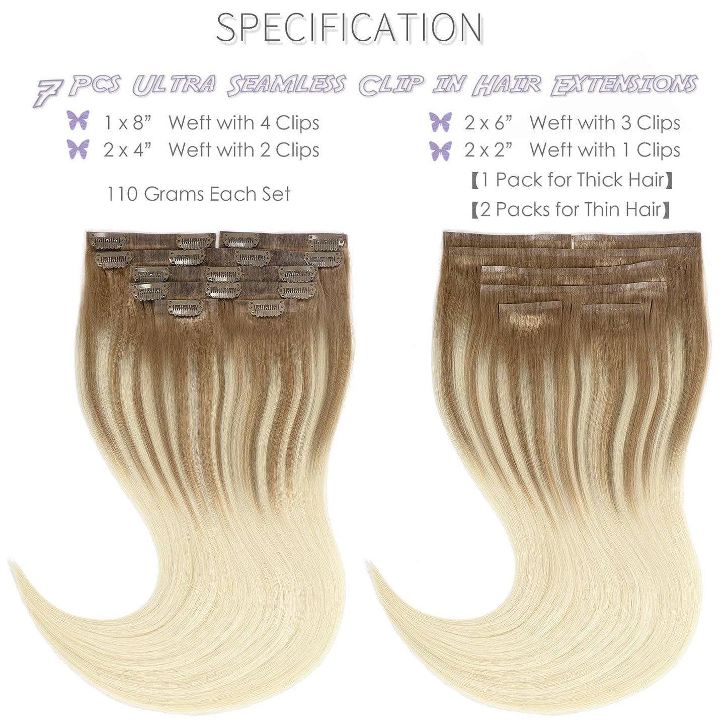 Lacer Hair Extensions Clip in Human Hair 16inch Light Brown Fading to Platinum Blonde 100% Human Hair Clip in Hair Extensions 7pcs 110g with 16 Clips Real Remy Human Hair