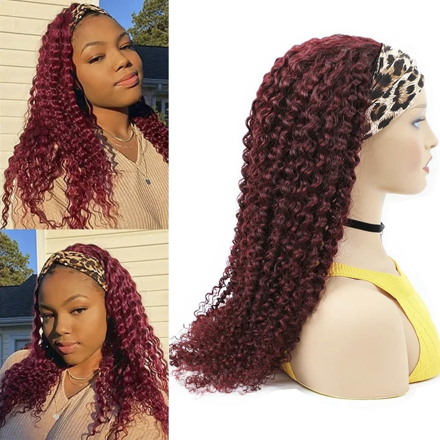 Bellarayine Headband Wig Human Hair Deep Wave Human Hair Headband Wig Glueless Curly Hair Human Hair Wigs None Lace Front Wigs for Black Women Human Hair (14inch,99J)