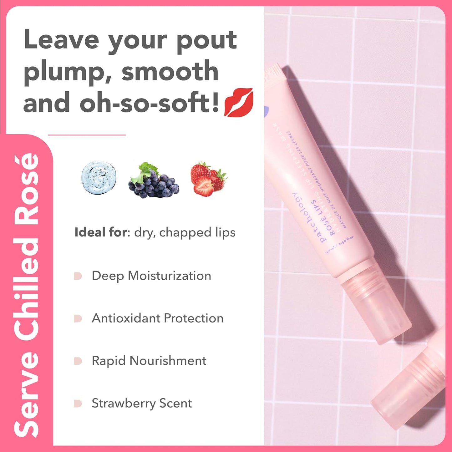 Patchology Rosé Lip Sleeping Mask - Hydrating Overnight Treatment with Hyaluronic Acid | 14.7 ml