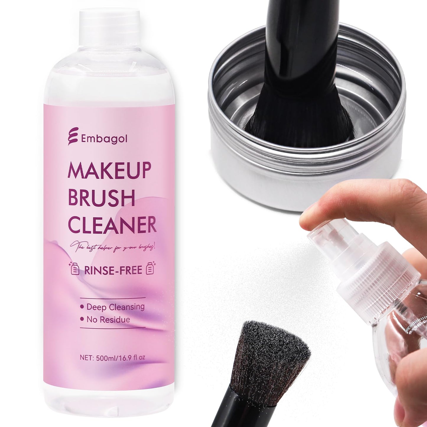 Embagol Makeup Brush Cleaner, Easily Remove Stubborn Makeup, Dirt & Impurities from Makeup Brushes, Rinse-Free & Quick Drying & Vegan & Cruelty-Free(500ml/16.9 fl oz)