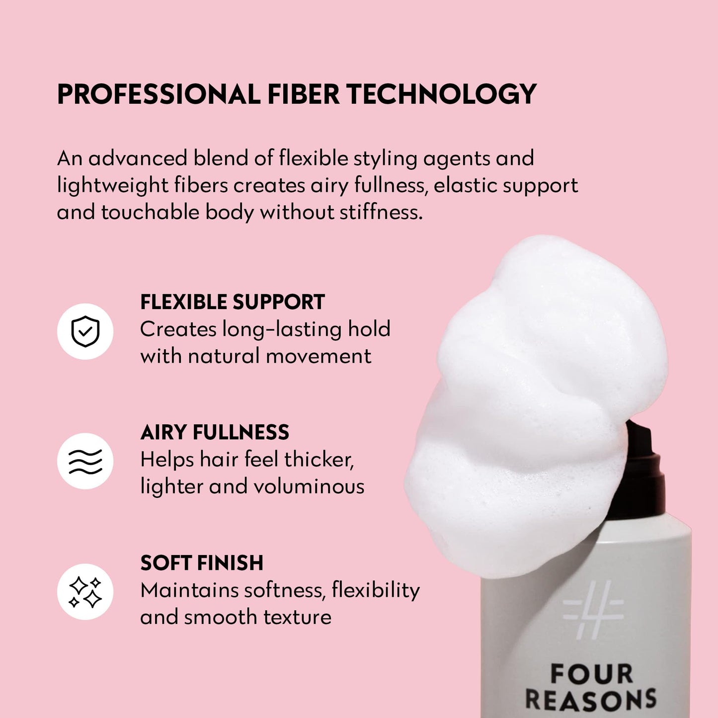 FOUR REASONS Professional Fiber Mousse for Curly Hair - Volumizing Long-lasting Flexible Hold for Curly, Wavy and Straight Hair, VEGAN Curl Mousse, 5 Oz