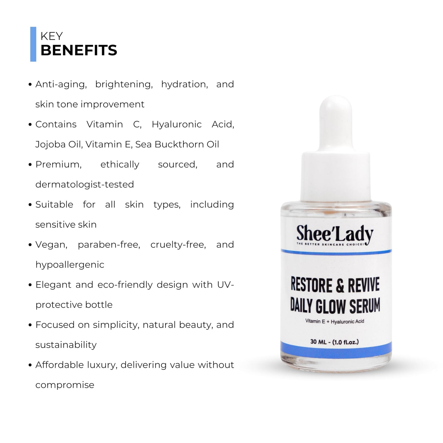 Shee'lady Restore & Revive Daily Glow Serum Daily Anti-Aging Wrinkle and Skin Tone Skin Care Treatment, Brightening Serum, Stocking Stuffers for Men & Women, 30 ML, 1 oz